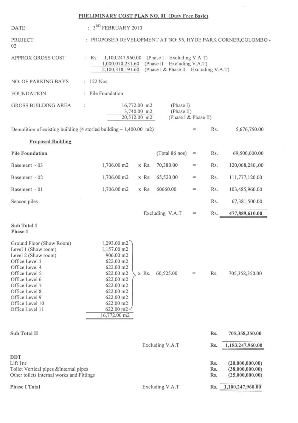 Yathama Twin Tower project estimate, page 1